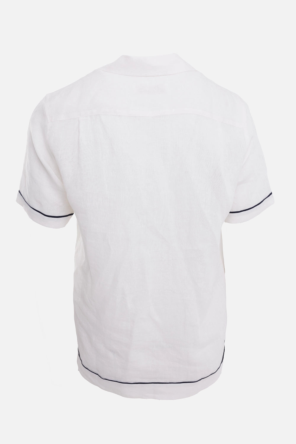 Orlebar Brown men's linen shirt in White Sand/Night Iris, back view with yoke seam and navy piped hem
