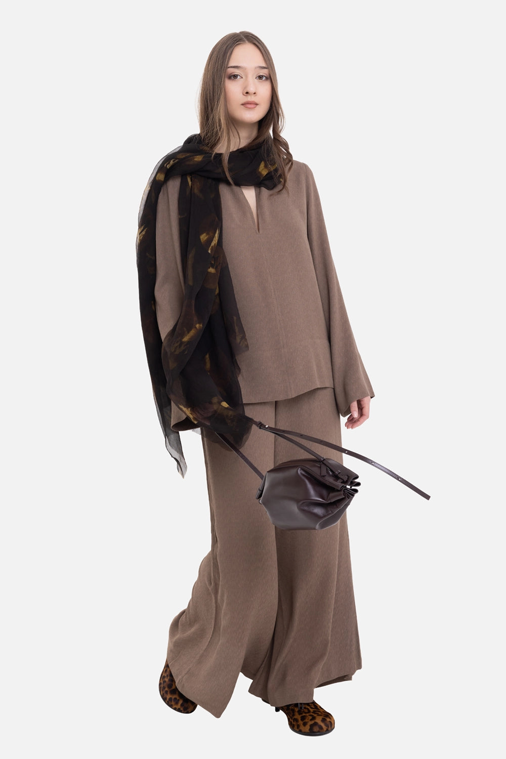 By Malene Birger women's Malukka blouse in Chocolate Chip, on-model full-length with tonal trousers