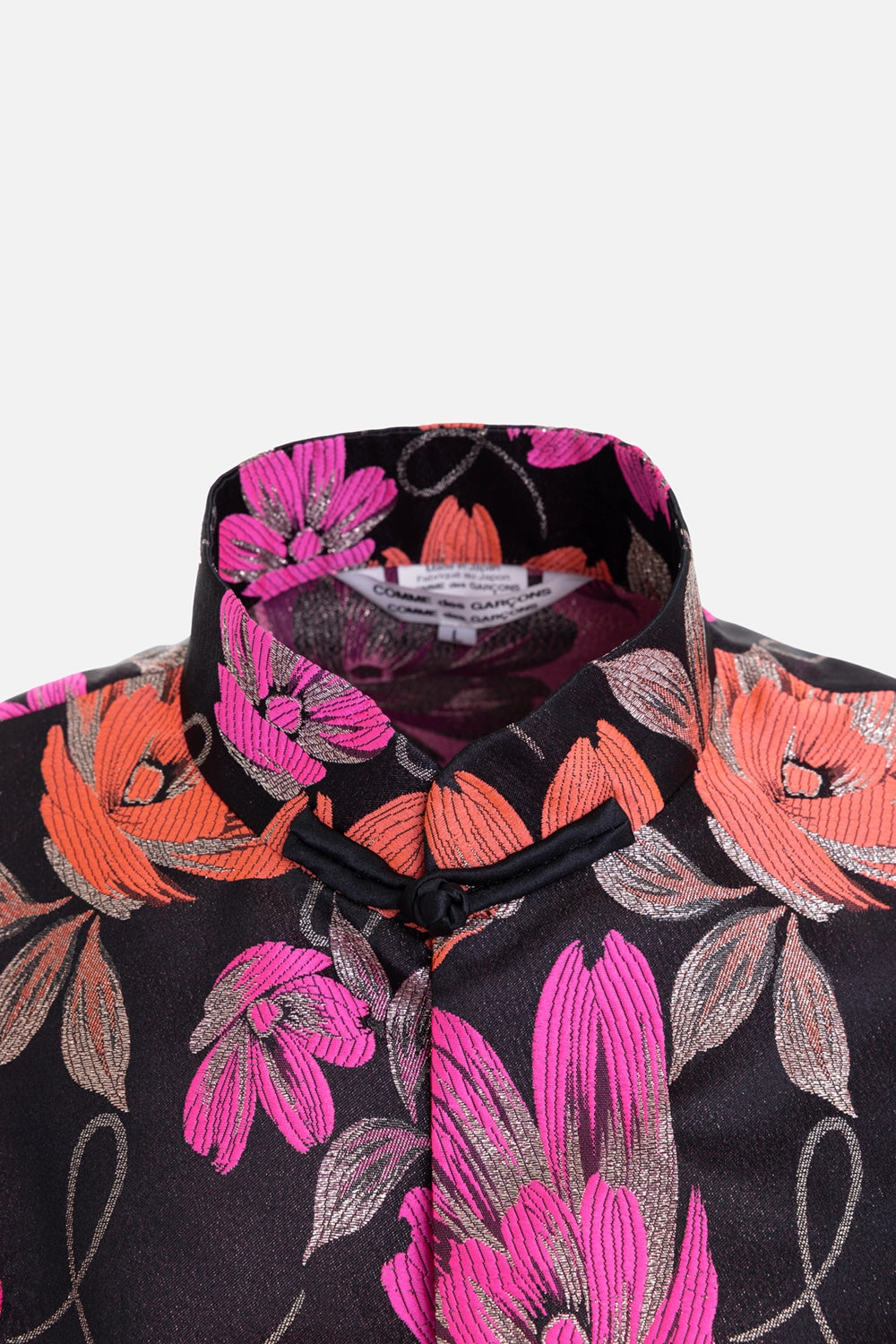 COMME des GARÇONS women's jacket in black floral, collar detail, mandarin neck and knotted closure