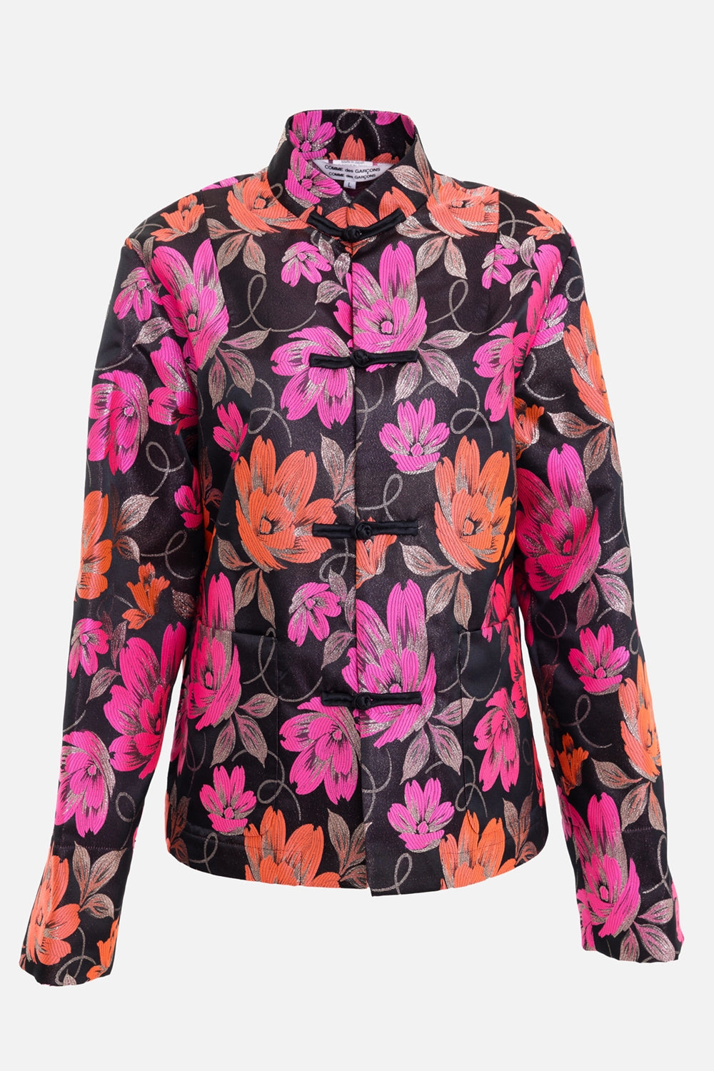 COMME des GARÇONS women's jacket in black floral, front view, frog closures and patch pockets