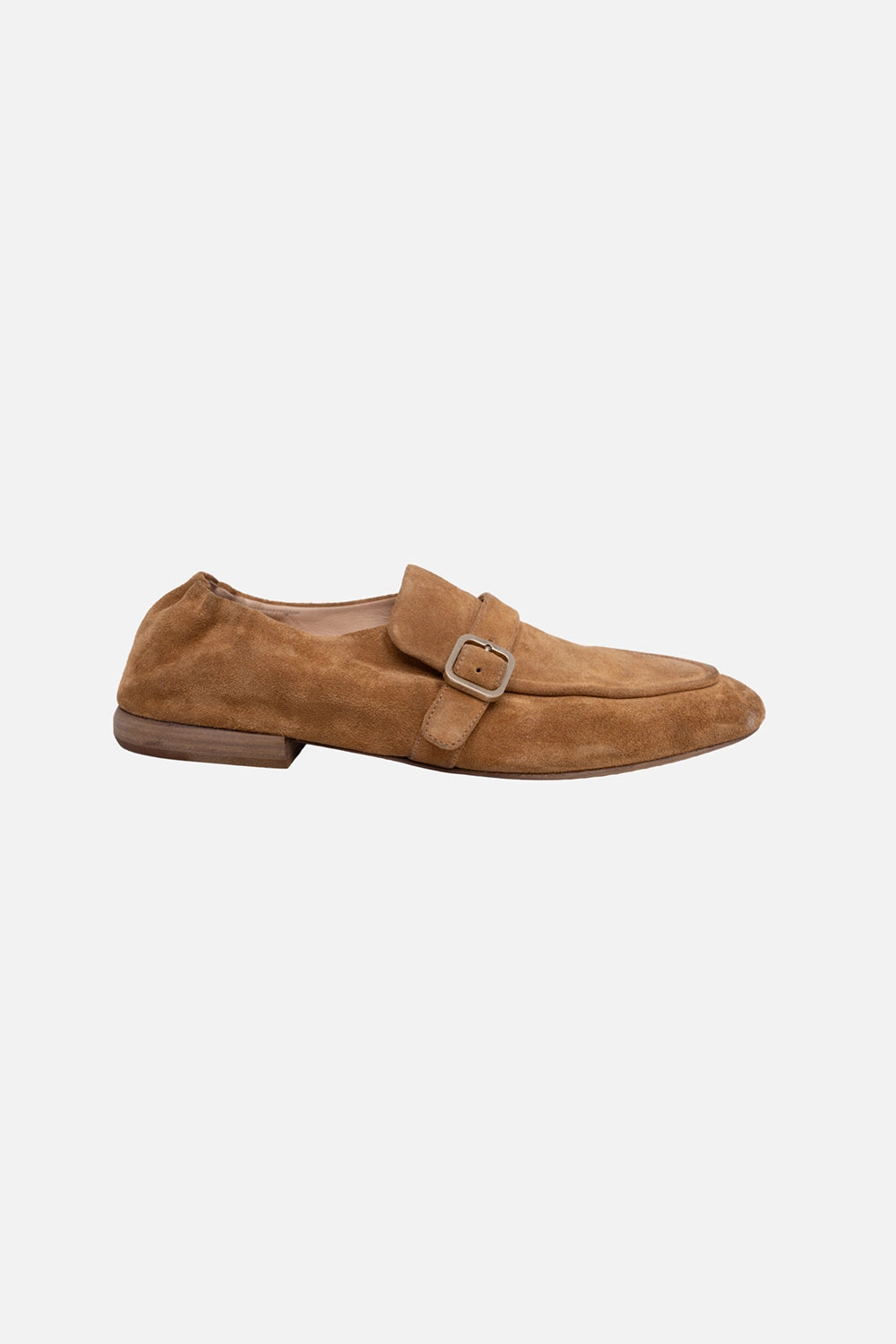 Marsèll Mandolo suede loafers in legno, side view with low heel and strap buckle
