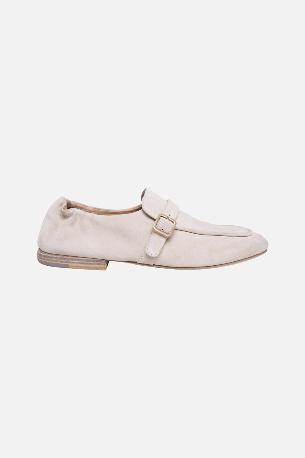 Marsèll Mandolo moccasin loafers in sabbia reversed suede, side view with low heel and buckle strap