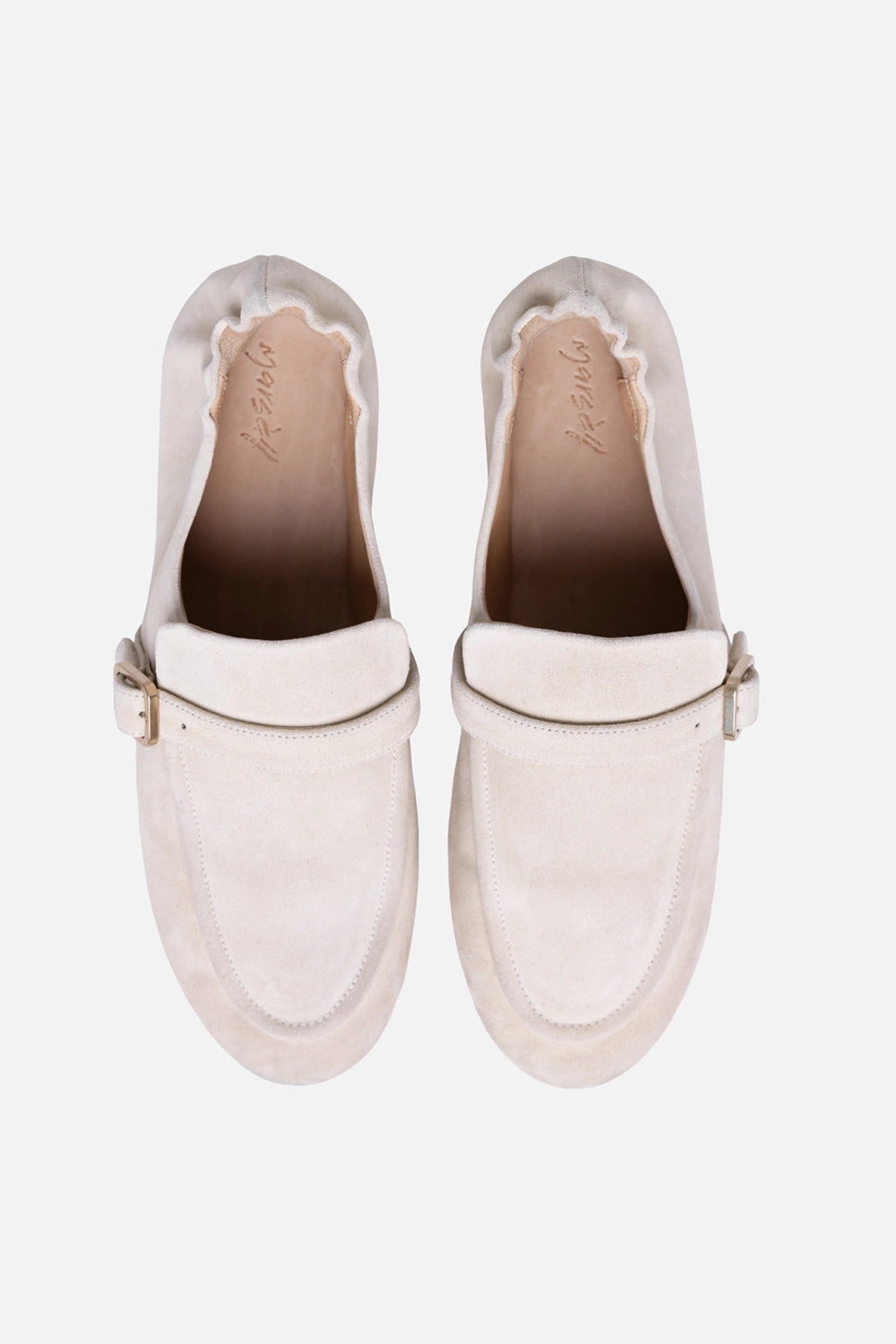 Marsèll Mandolo moccasin loafers in sabbia reversed suede, top view showing rounded toe and soft gathered collar