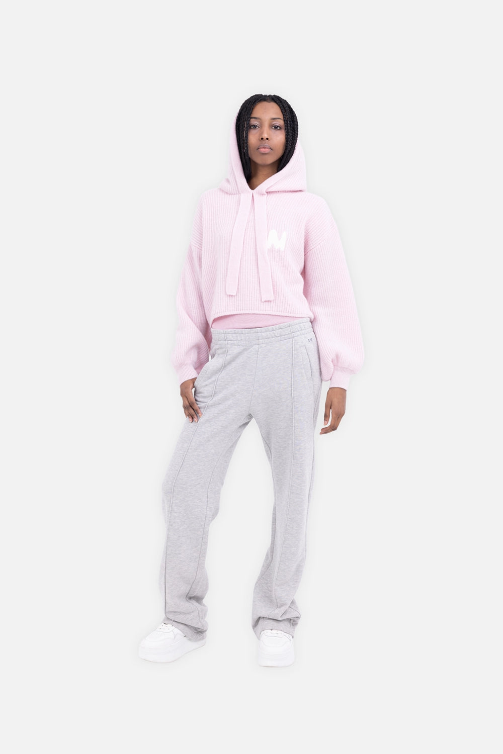 Pink rib-knit hoodie sweater, on-model fit