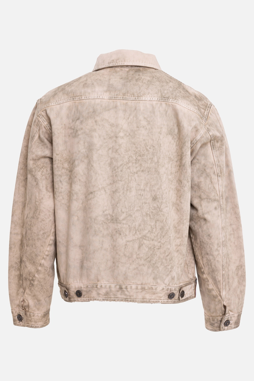 Vivienne Westwood men's denim jacket in washed beige, back view with marbled wash and button-tab hem