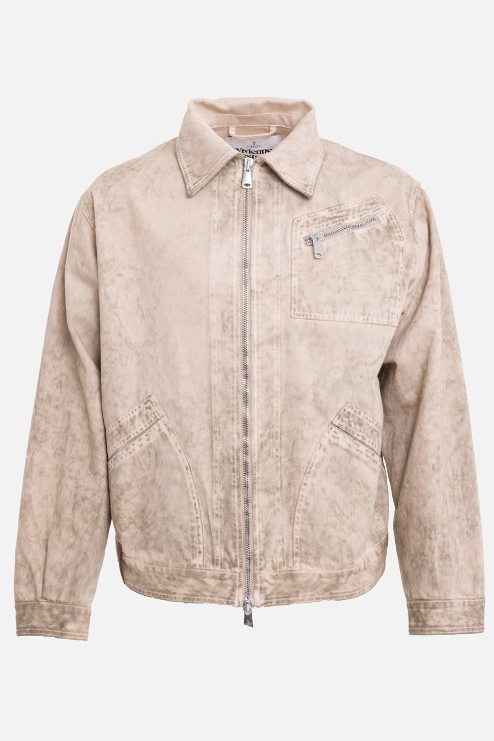 Vivienne Westwood men's denim jacket in washed beige, front view with zip closure and chest zip pocket