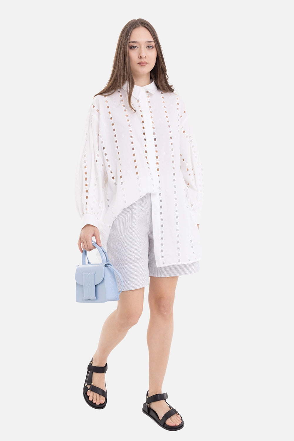 ANINE BING women’s shirt dress in white, on-model full-length view, blouson sleeves and airy sheer hem