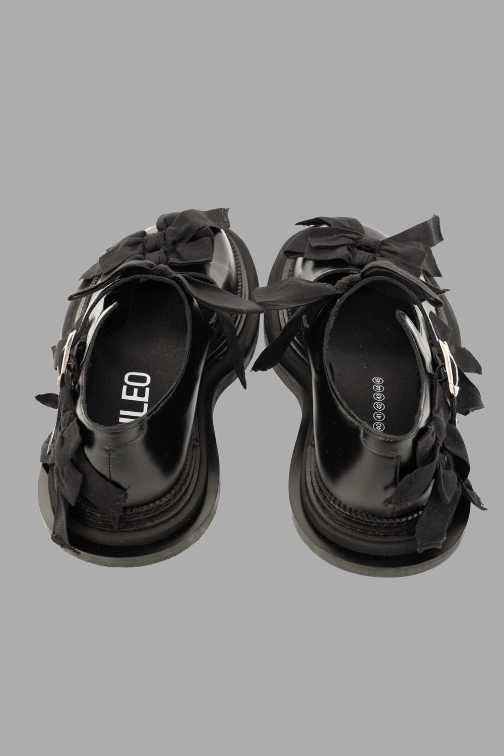 PHILEO women Mary Jane shoes in black, back view, layered sole and bow-tied heel strap.