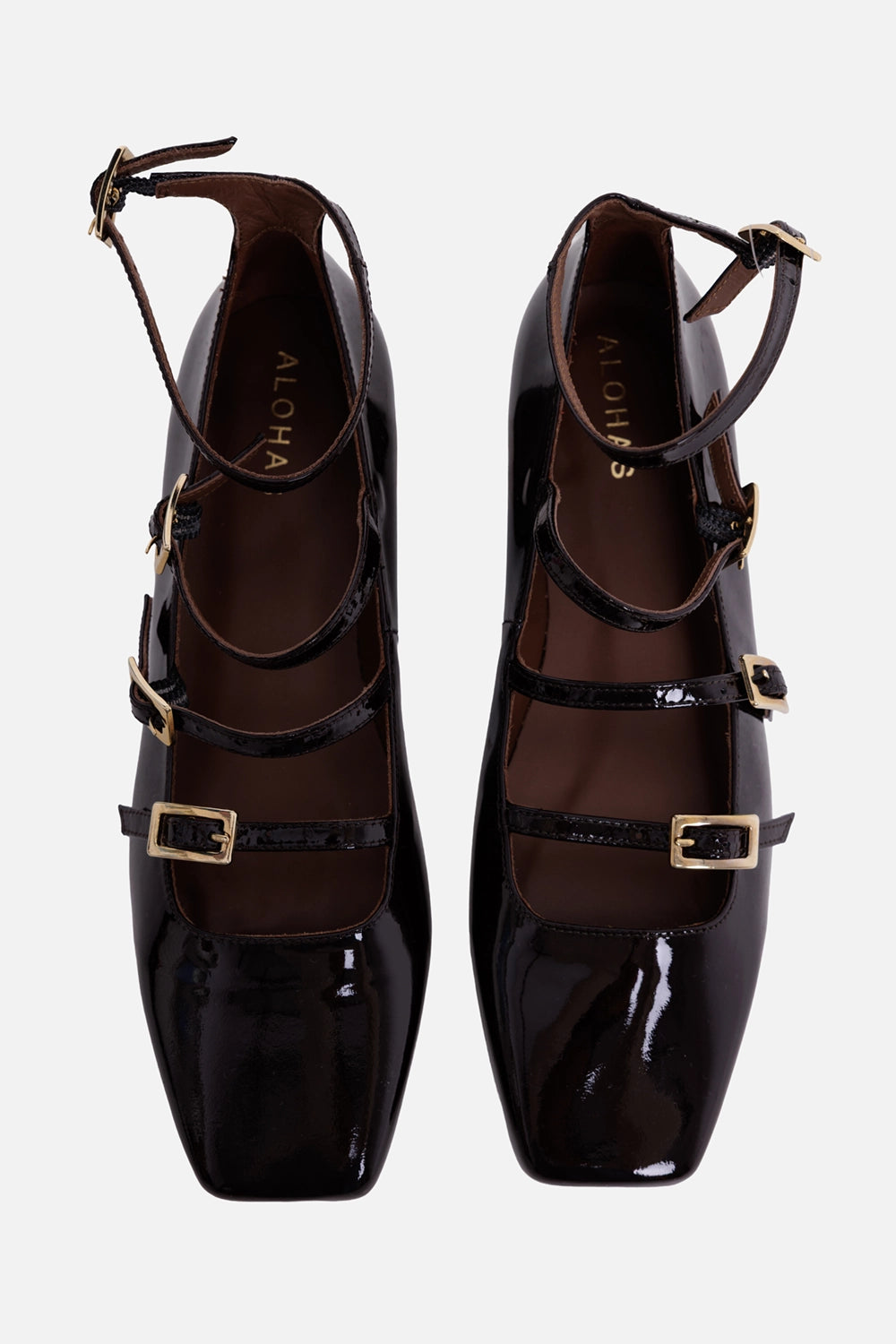 ALOHAS women's Mary Jane flats in burgundy, top view, square toe and four buckled straps