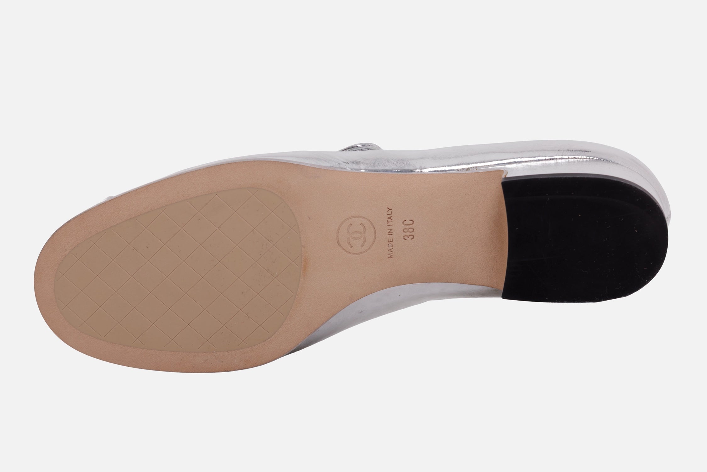 Chanel women's Mary Jane flats in silver, sole view, beige outsole and black heel patch