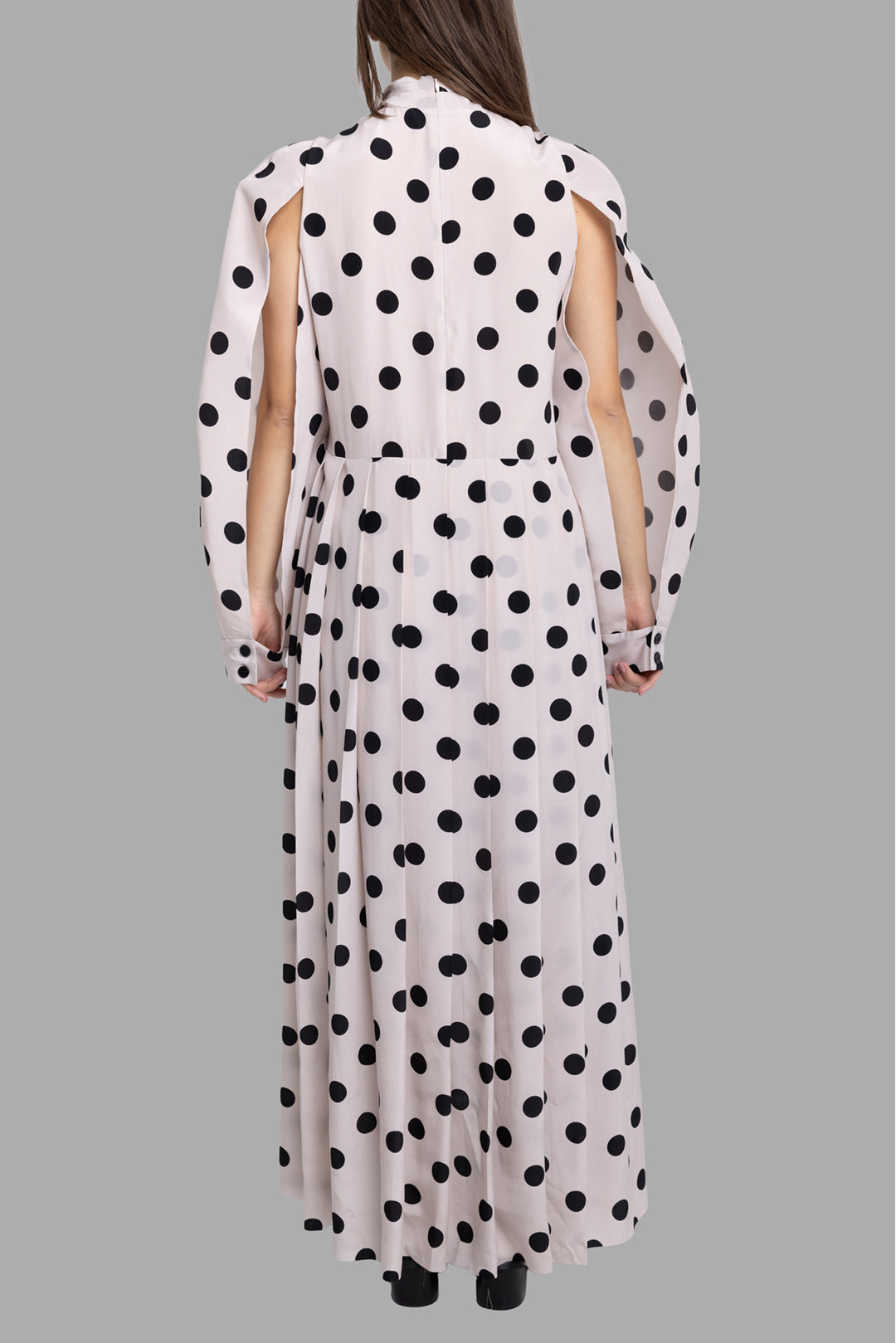 Natasha Zinko women's maxi dress in beige, back view, open slit sleeves and flowing polka dot skirt