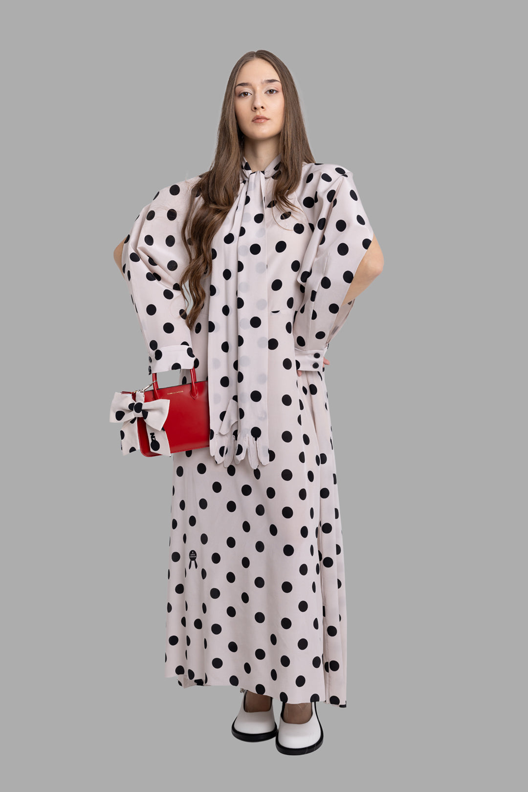 Natasha Zinko women's maxi dress in beige, on-model full length, black polka dots and glove-ended scarf