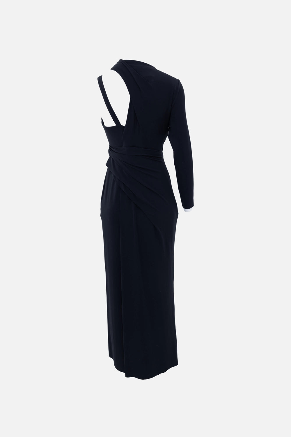 Pre-owned Alexander Wang women's maxi dress in black, back view, cutout back with slim strap and trailing drape