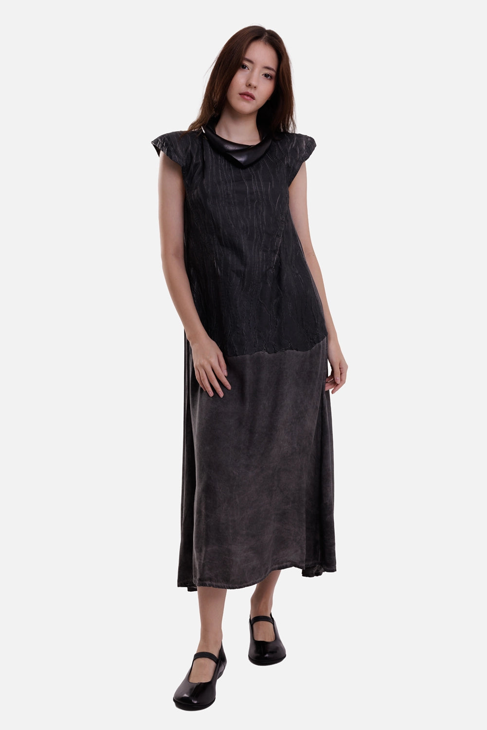 Isaac Sellam Experience women's black maxi dress, full-length view with cowl neck and two-tone textured panels