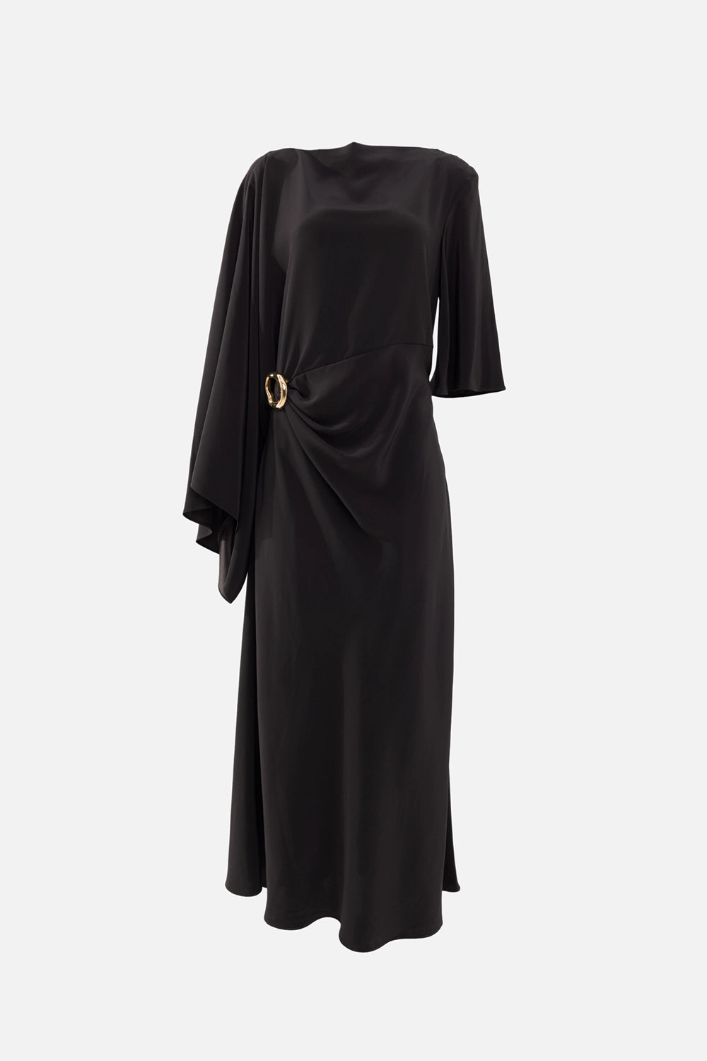 JOSEPH womens maxi dress in cocoa, front view, boat neckline with draped cape sleeve and ring-gathered waist