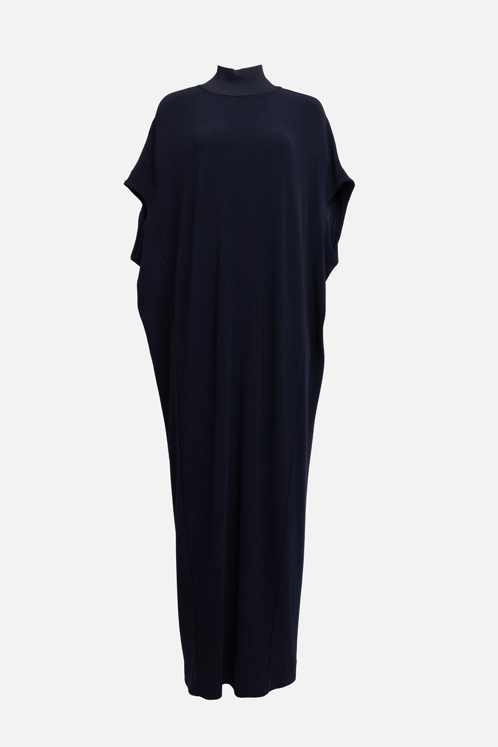 Pre-owned By Malene Birger women's maxi dress in dark blue, front view, ribbed mock neck and draped sleeves