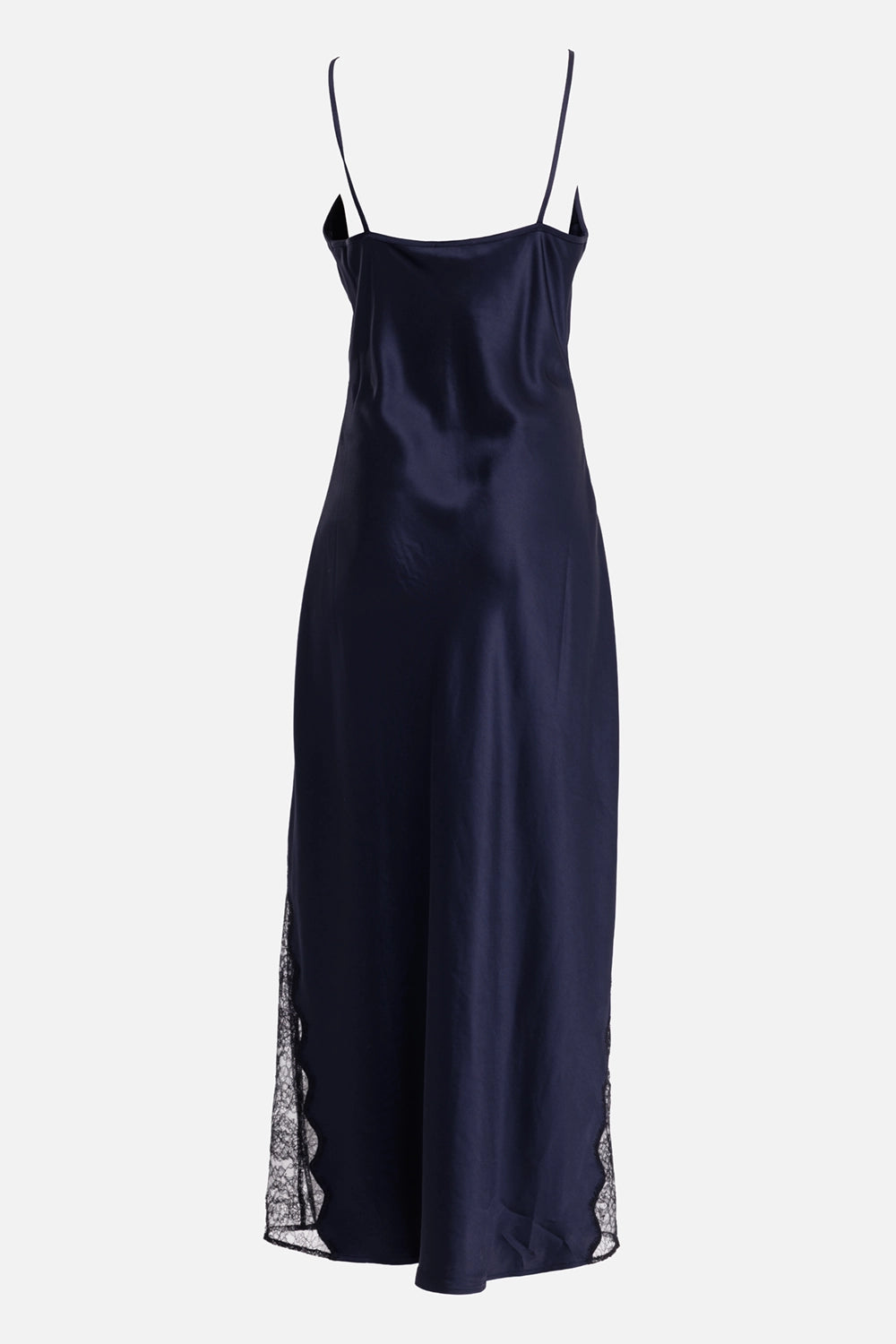 ANINE BING women's navy maxi dress, back view with slim straps and black lace panels at the hem