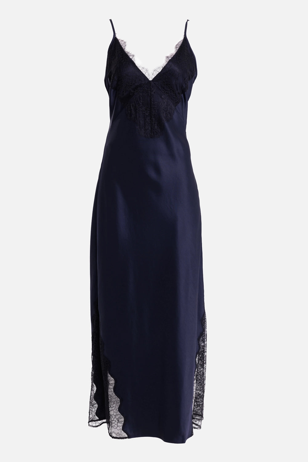 ANINE BING women's navy maxi dress, front view with V-neckline, spaghetti straps and black floral lace