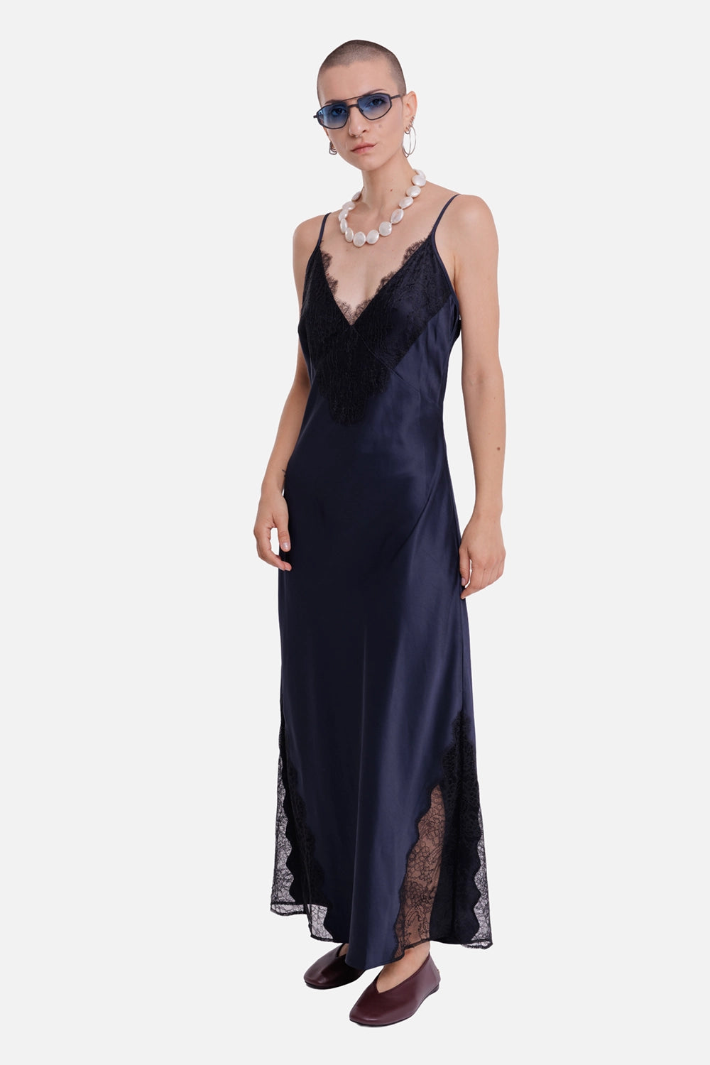 ANINE BING women's navy maxi dress, full-length model view with black lace neckline and side panels