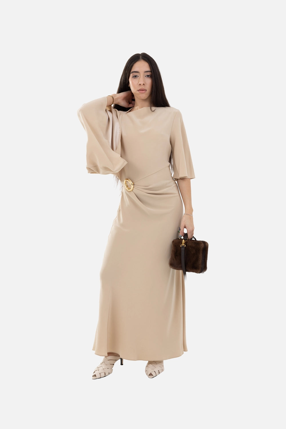 JOSEPH womens maxi dress in powder, on-model full-length, asymmetric draped sleeve with gold ring waist detail