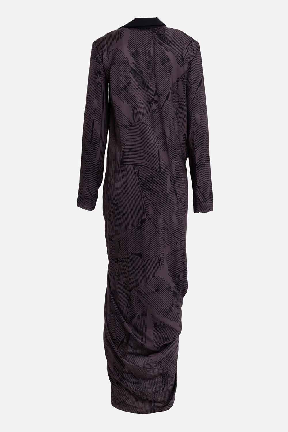 Giovanni Cavagna women's printed maxi dress, back view with all-over line print and softly gathered hem