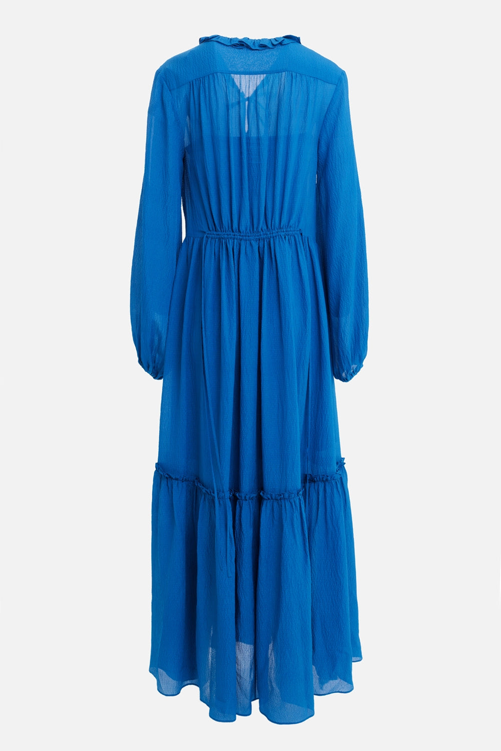 JOSEPH women's maxi dress in Siam Blue, back view with gathered yoke and semi-sheer texture