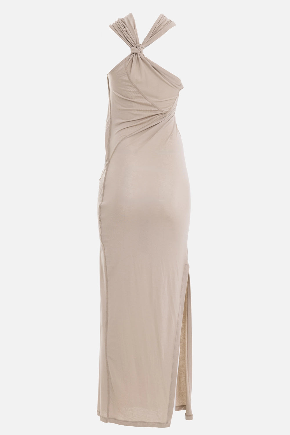Helmut Lang women's maxi dress in taupe, back view, asymmetrical knot detail and side slit