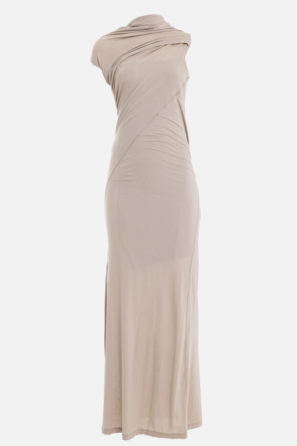 Helmut Lang women's maxi dress in taupe, front view, high draped neck and diagonal seam on mannequin