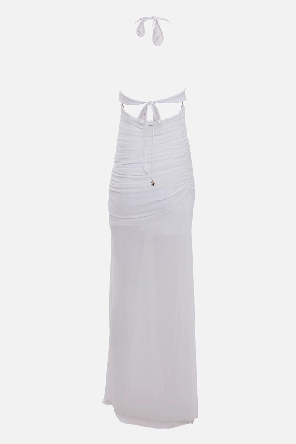 Fisico women maxi dress in white, back view, halter tie bow, open back and gold-tone charm