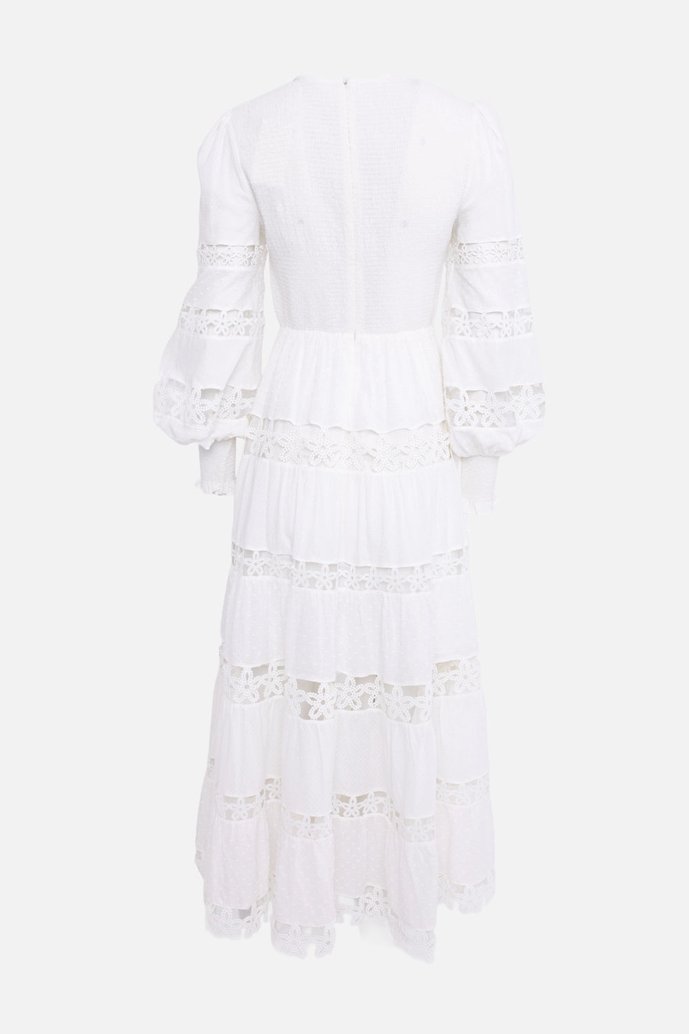 Pre-owned Zimmermann women's maxi dress in white, back view, tiered lace panels and long sleeves