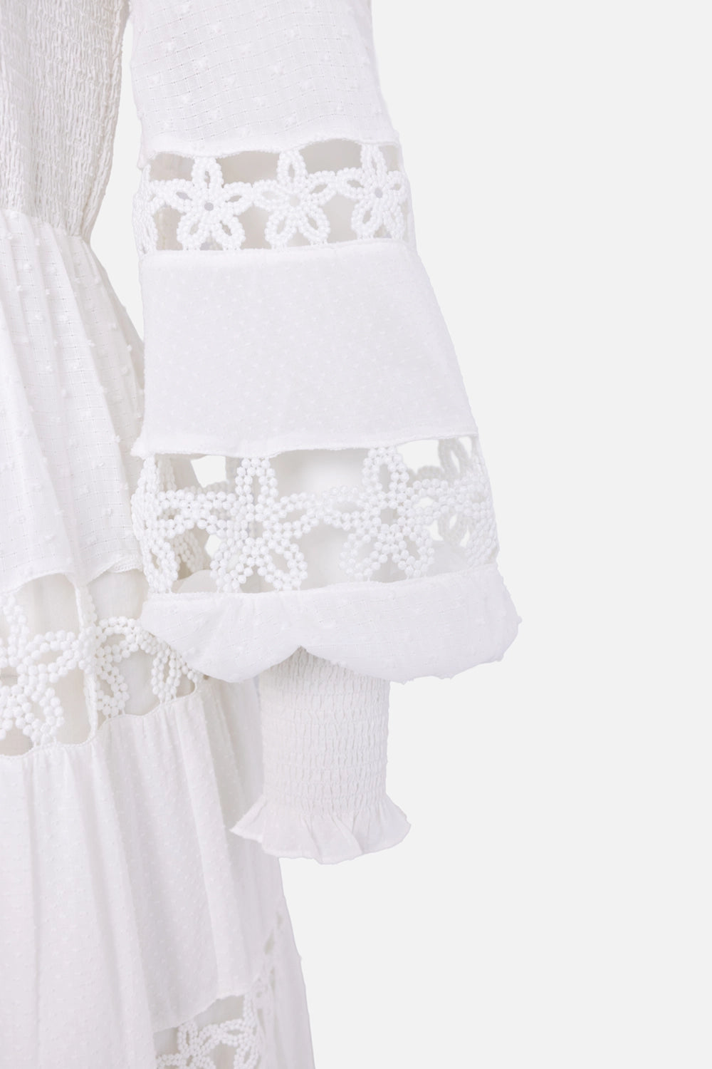 Pre-owned Zimmermann women's maxi dress in white, sleeve detail, floral lace cutwork bands and shirred cuff
