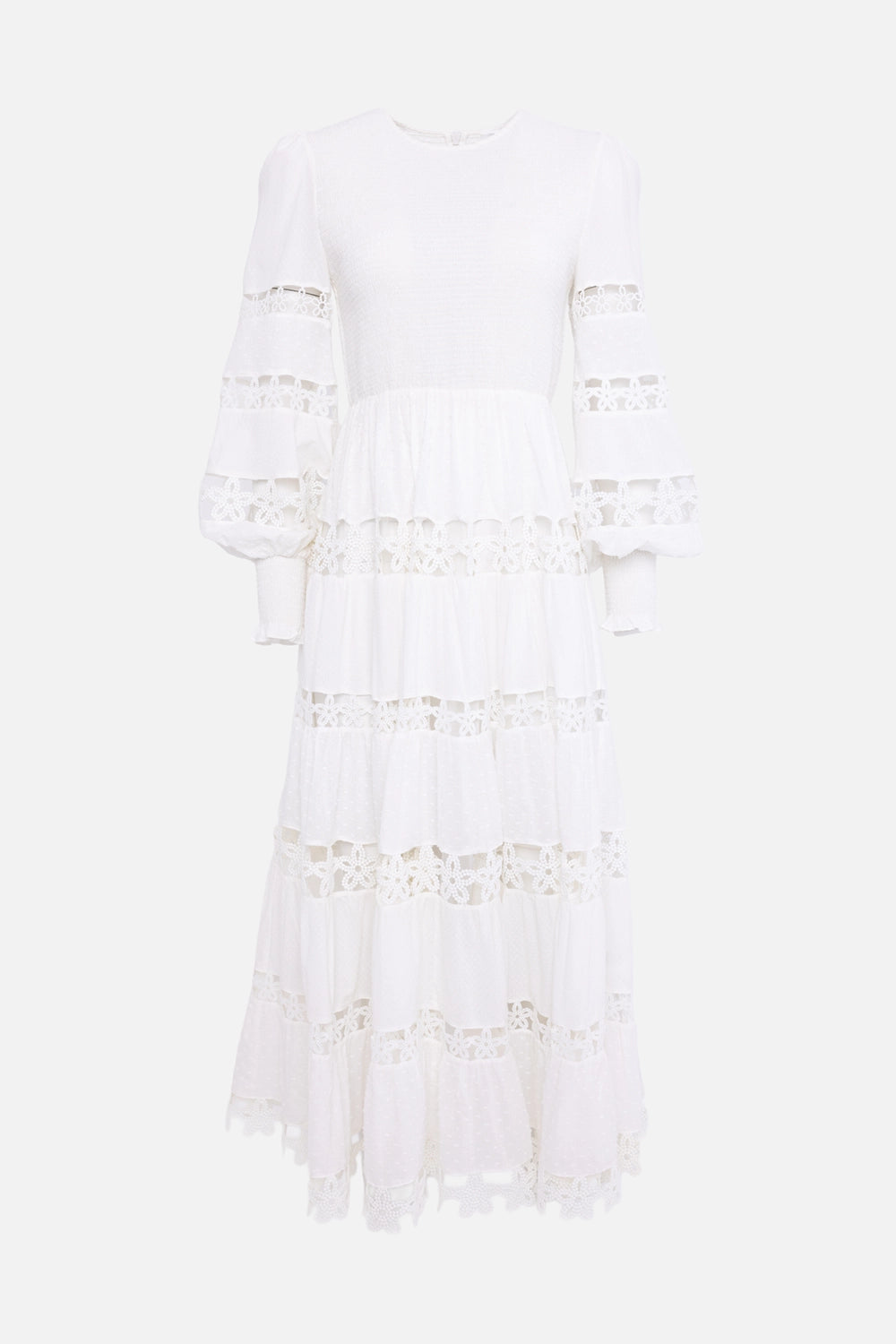Pre-owned Zimmermann women's maxi dress in white, front view, tiered skirt with lace insertion bands
