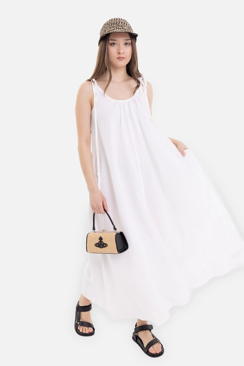 ANINE BING women's maxi dress in white, on-model full length, billowing hem and tie straps