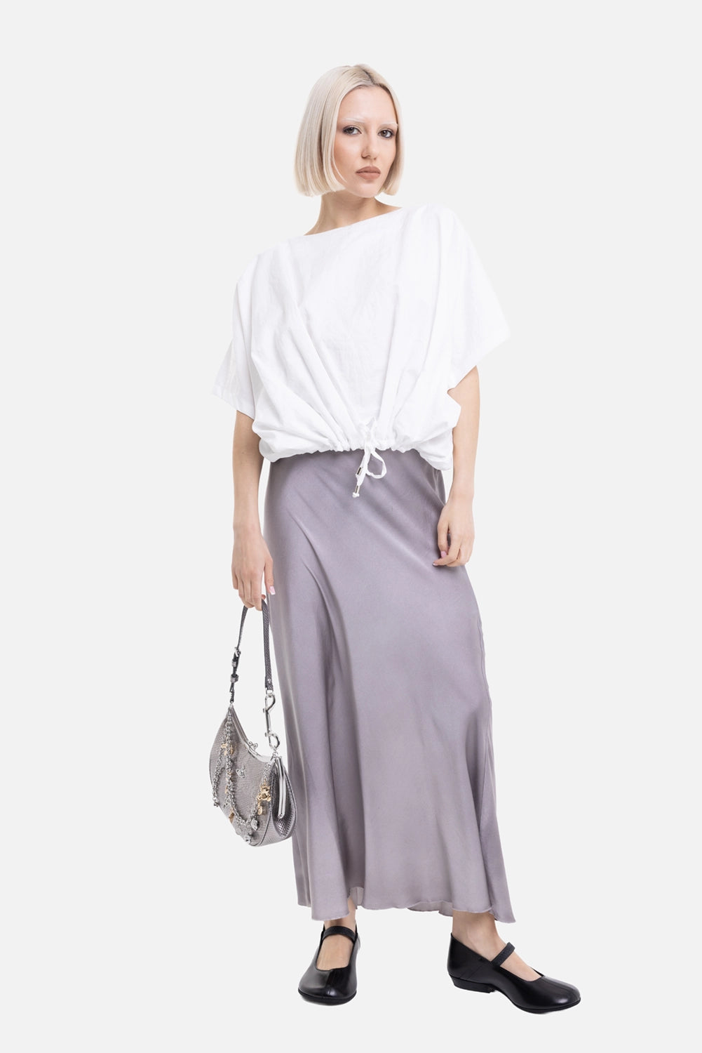 Avant Toi women's maxi skirt in ash, on-model full-length view, styled with white top and black flats