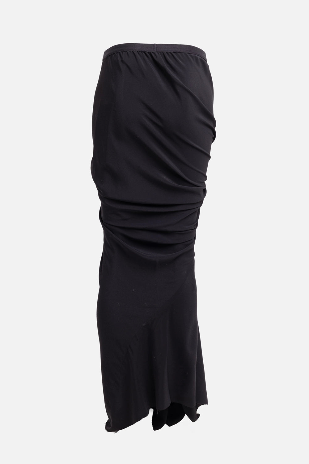 Pre-owned Rick Owens women maxi skirt in black, back view, smooth drape with an asymmetric hemline.
