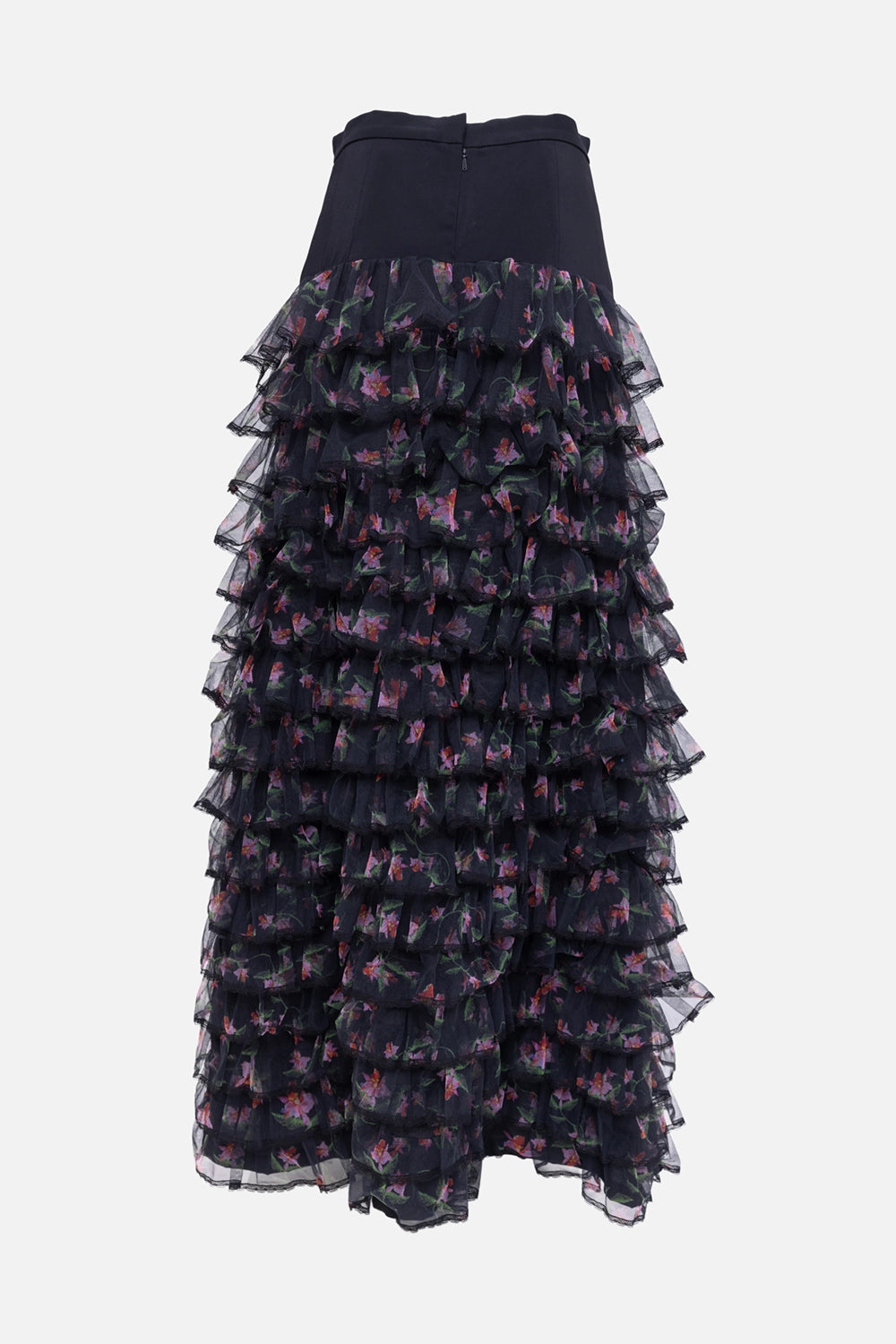 Pre-owned Preen by Thornton Bregazzi women's maxi skirt in black, front view, tiered floral ruffles