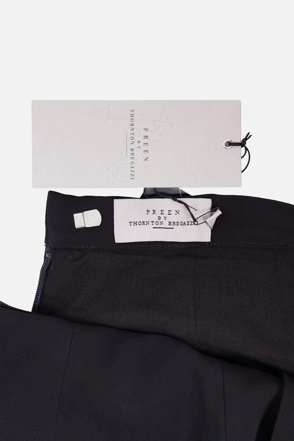 Pre-owned Preen by Thornton Bregazzi maxi skirt in black, label close-up, branded hangtag at waistband