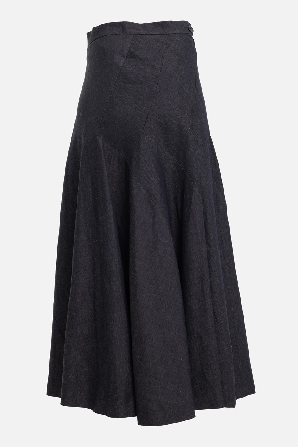 Vivienne Westwood women's maxi skirt in navy, 3/4 view, side button and full A-line panels