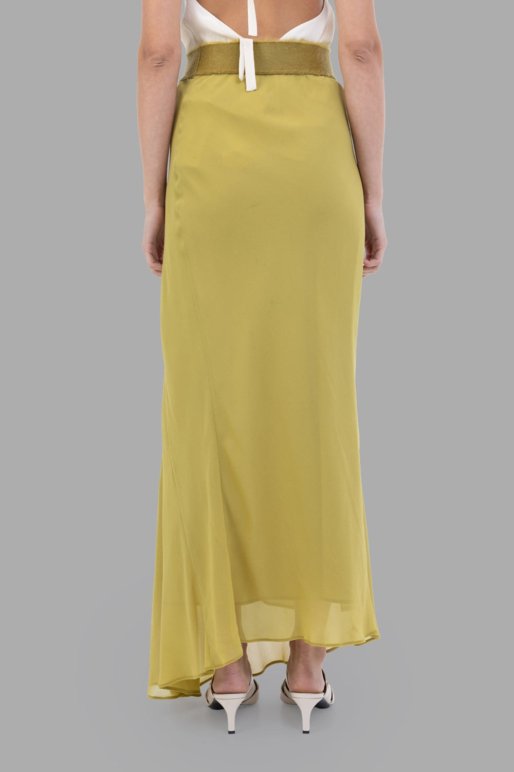 GentryPortofino women's georgette maxi skirt in Oliva, back view, high-low hem and light, sheer overlay.