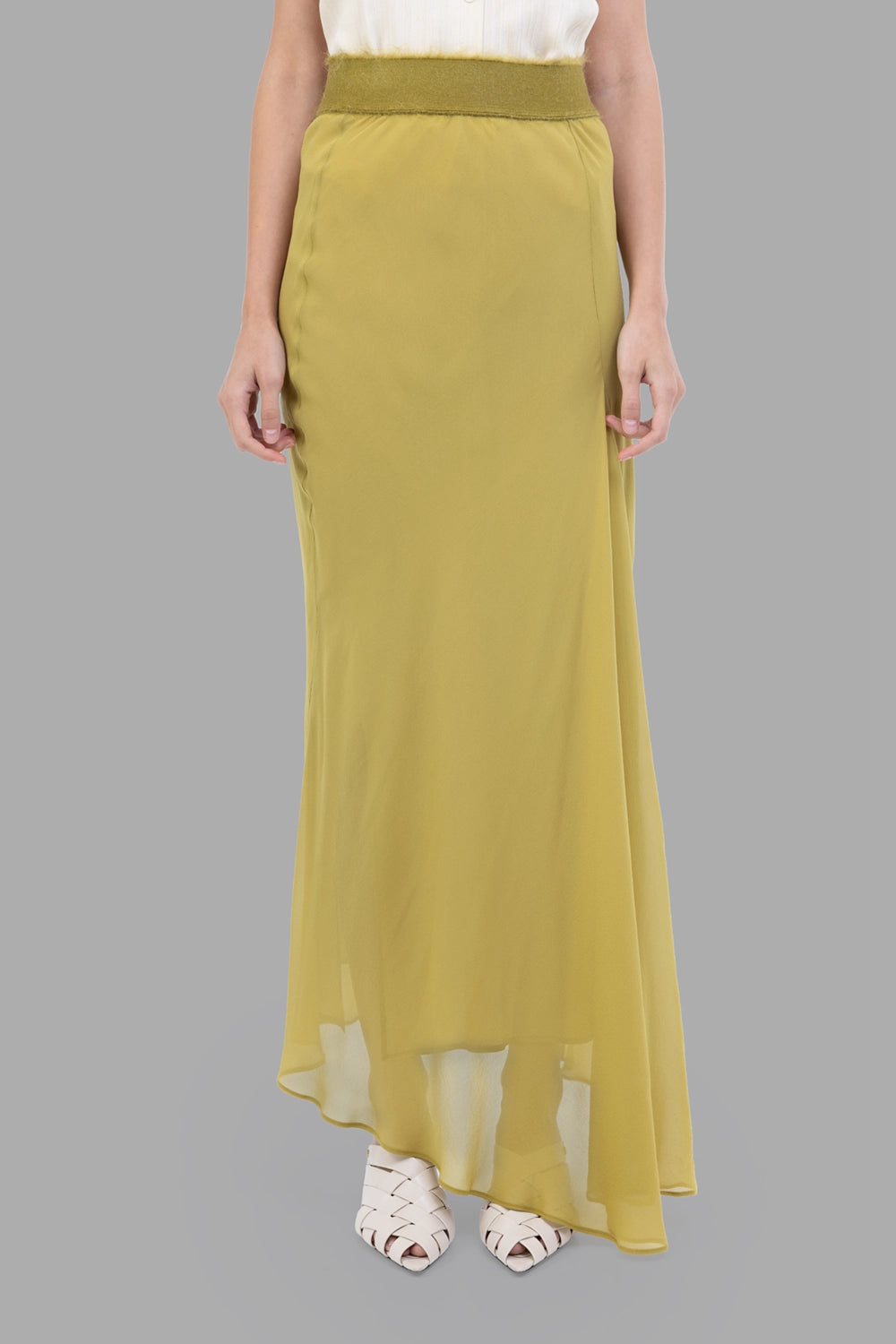 GentryPortofino women's georgette maxi skirt in Oliva, front view, rib-knit waistband and smooth A-line fall.