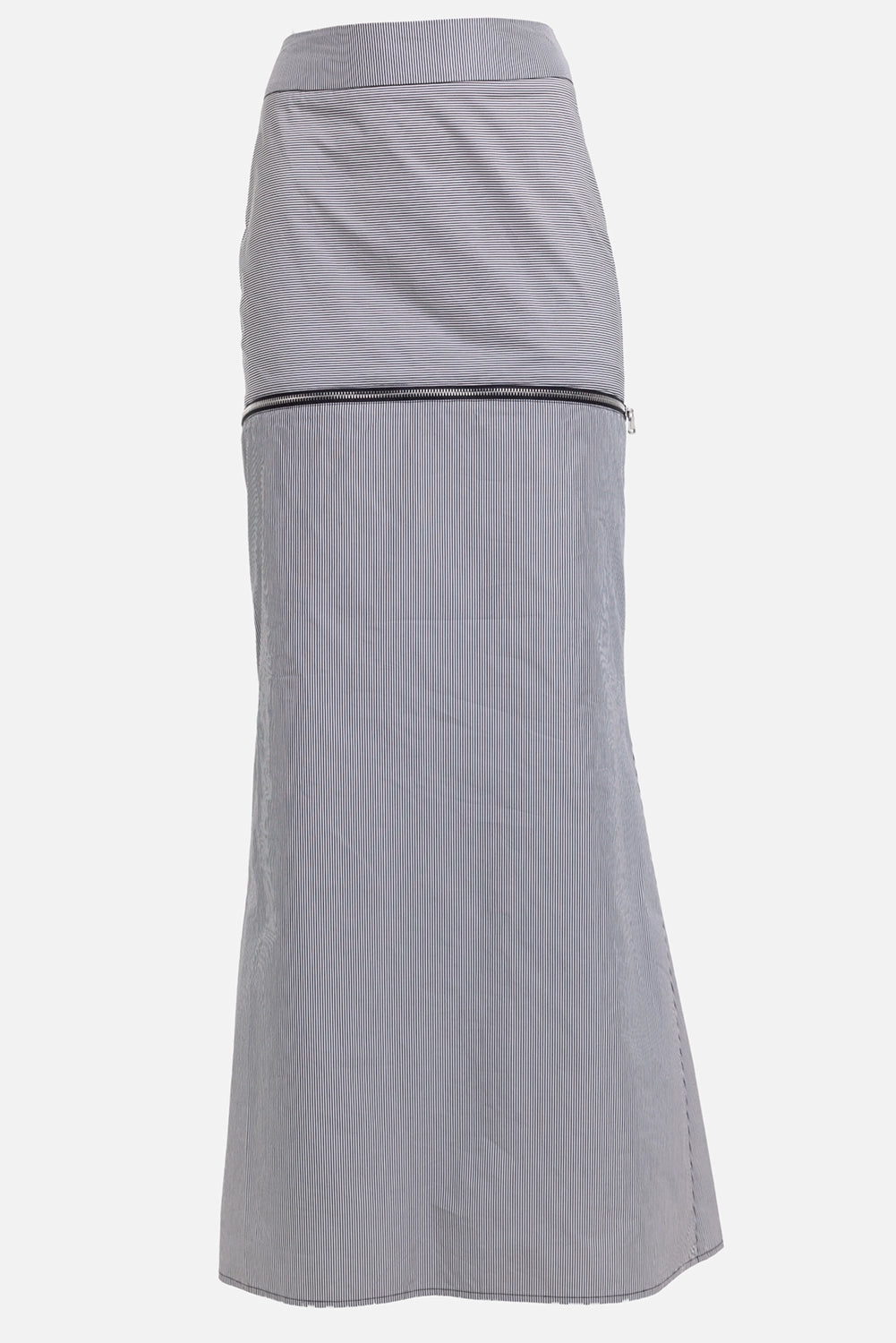Sehnsucht Atelier women's maxi skirt in Thunder, front view, fine pinstripes and horizontal zip seam