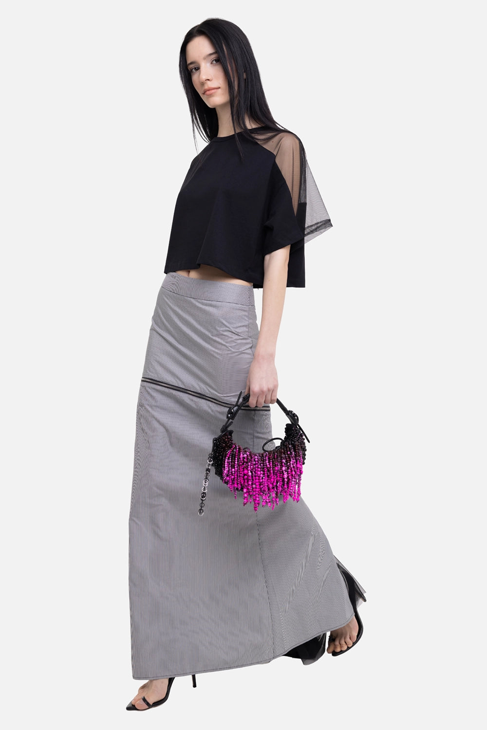 Sehnsucht Atelier women's maxi skirt in Thunder, on-model full-length view, pinstripe body and zip panel