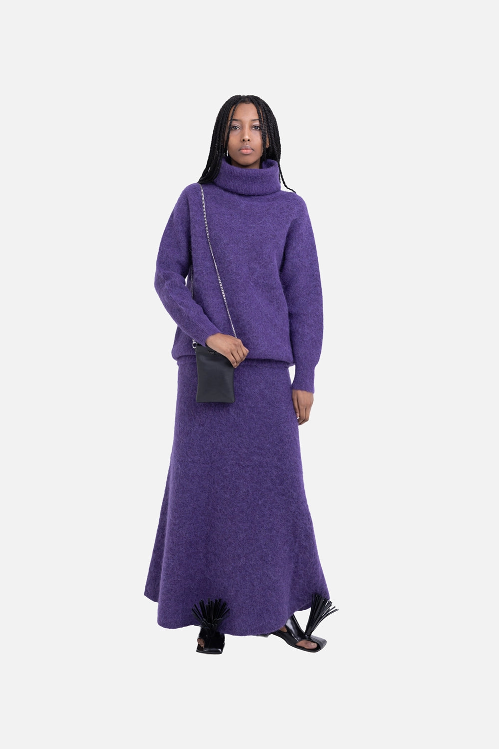 JOSEPH women's maxi skirt in violet, on-model full-length, A-line silhouette with fuzzy brushed finish