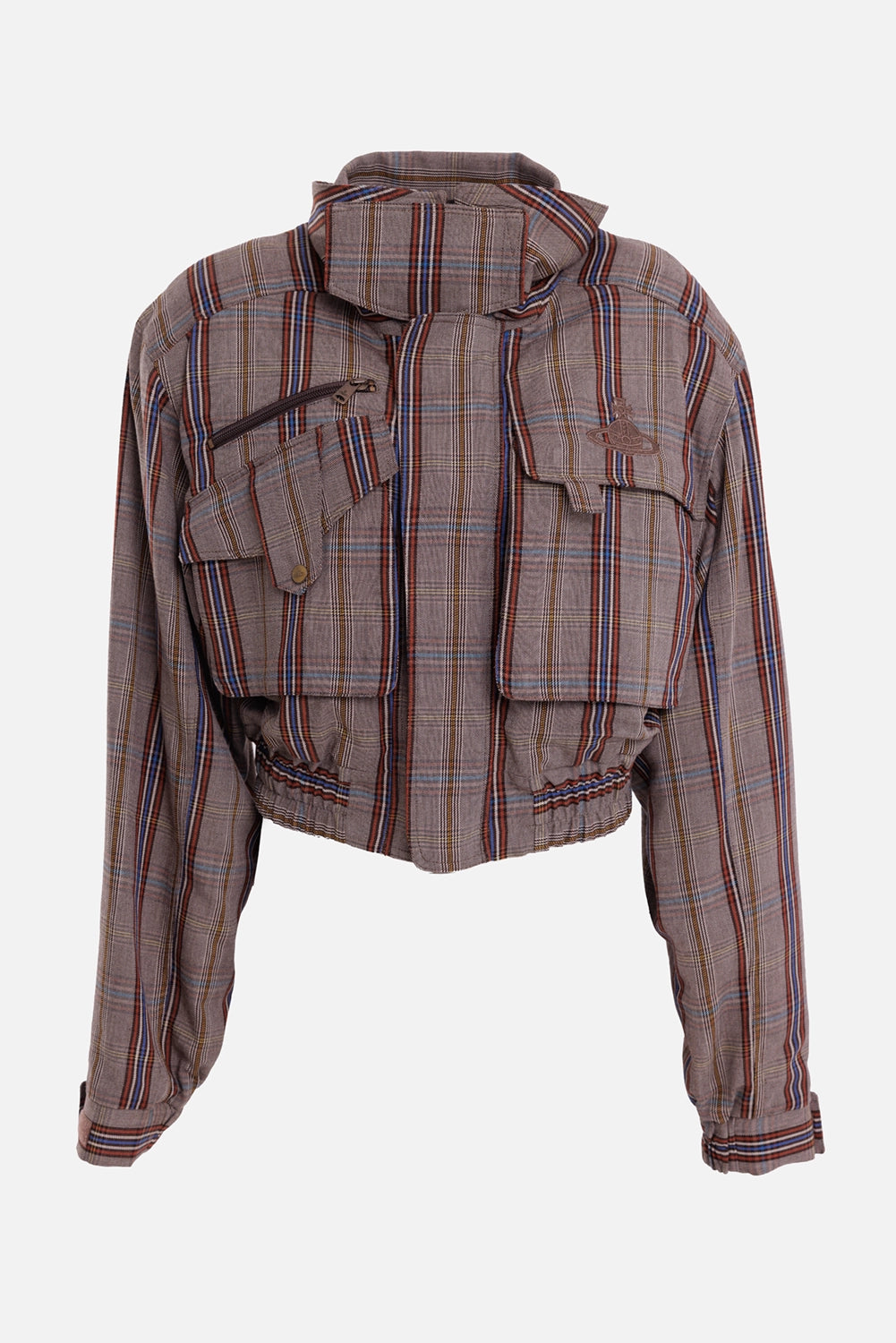 Vivienne Westwood women's cropped bomber in multi, front view with high collar, layered pockets and tonal Orb embroidery