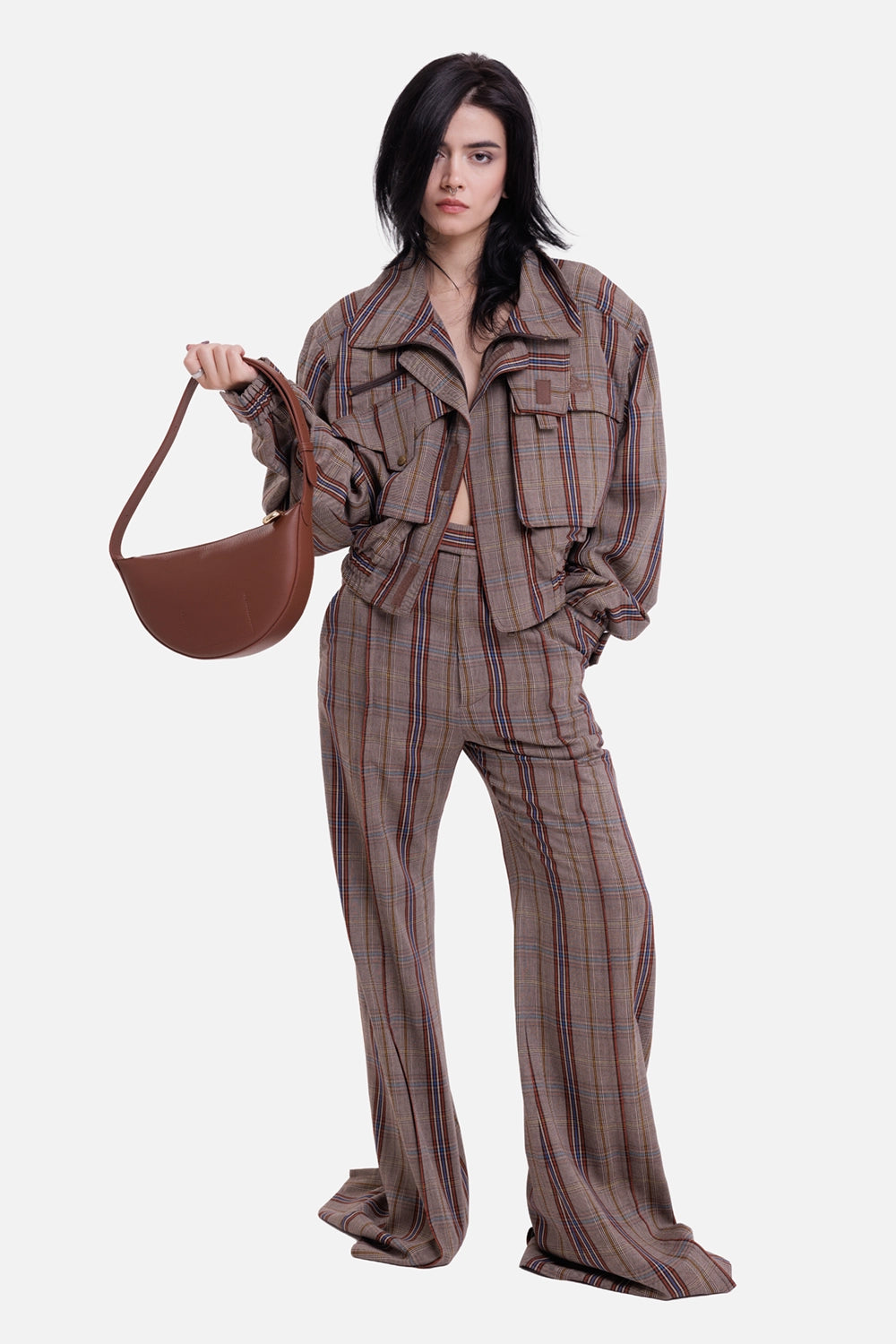 Vivienne Westwood women's cropped bomber in multi, full-length model view with open front and oversized utility pockets