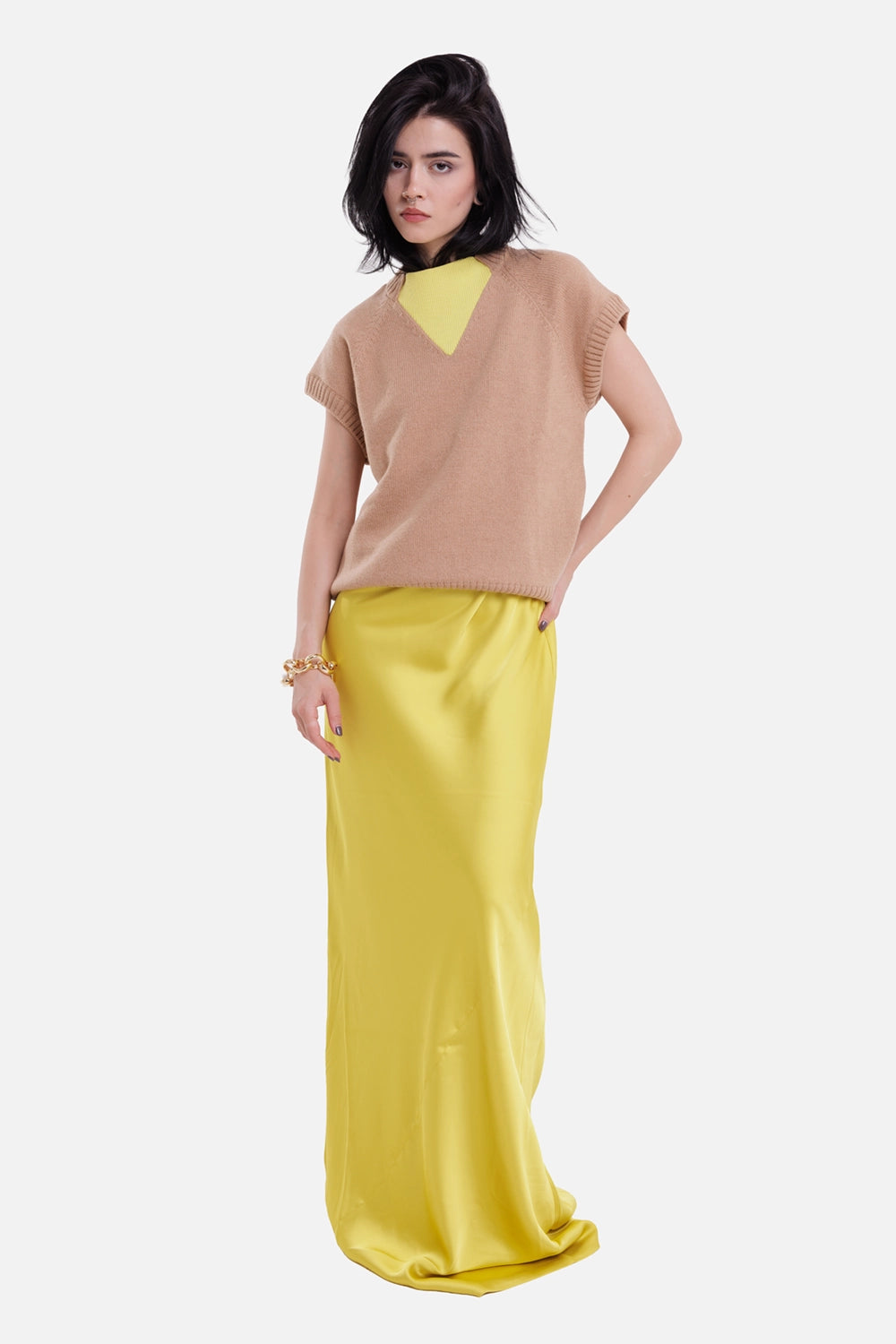 MSGM women's merino-cashmere vest in camel and yellow, full-length model view with layered neckline