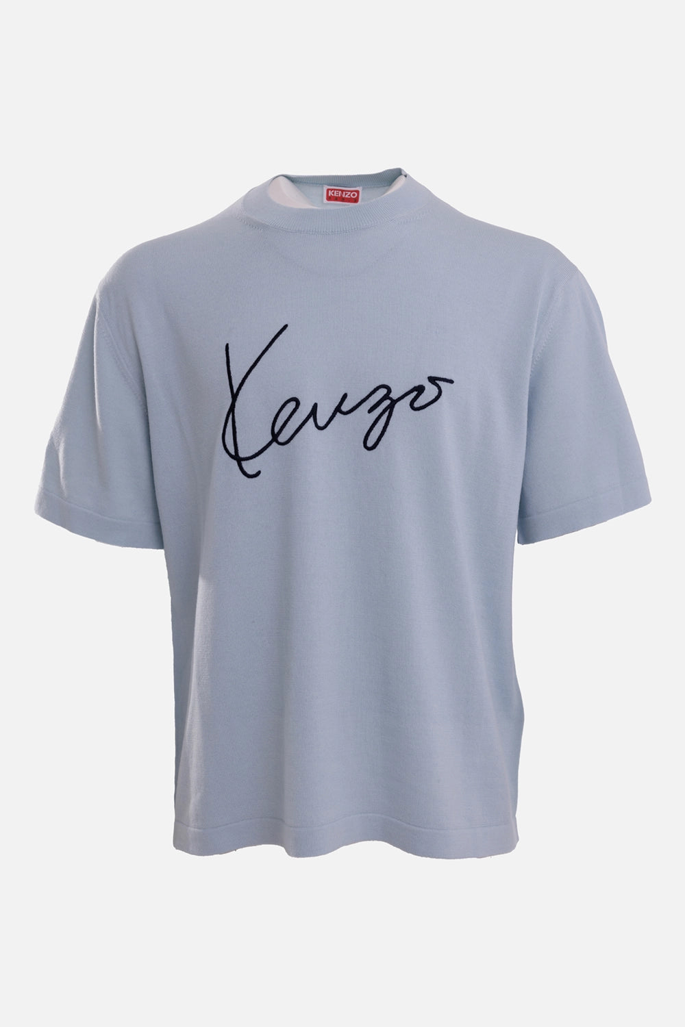 KENZO men's sky blue merino wool T-shirt, front view with crew neck, short sleeves and black signature embroidery
