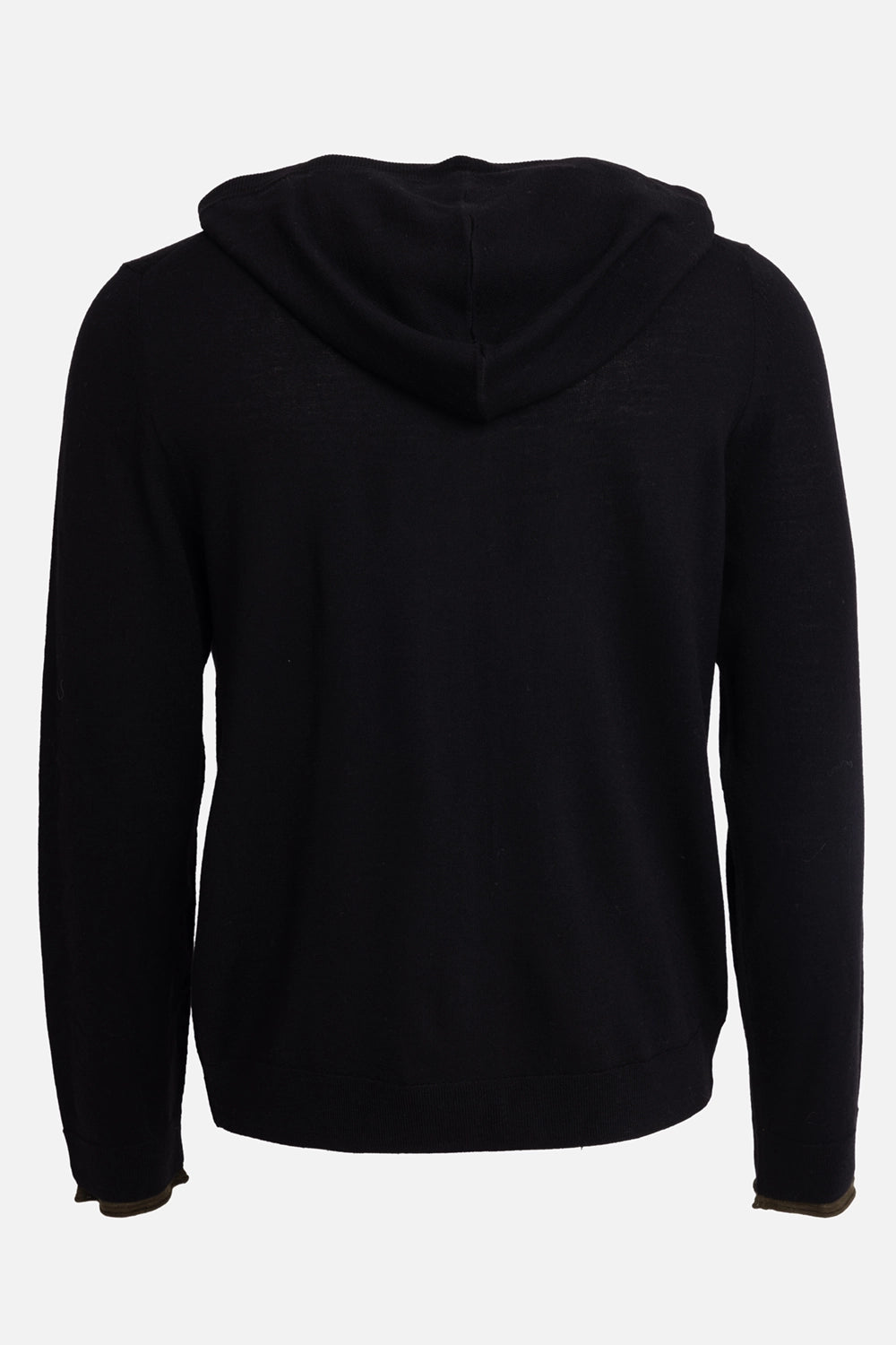 Zadig&Voltaire men's merino zip hoodie in black, back view, hood seam and contrast double cuffs
