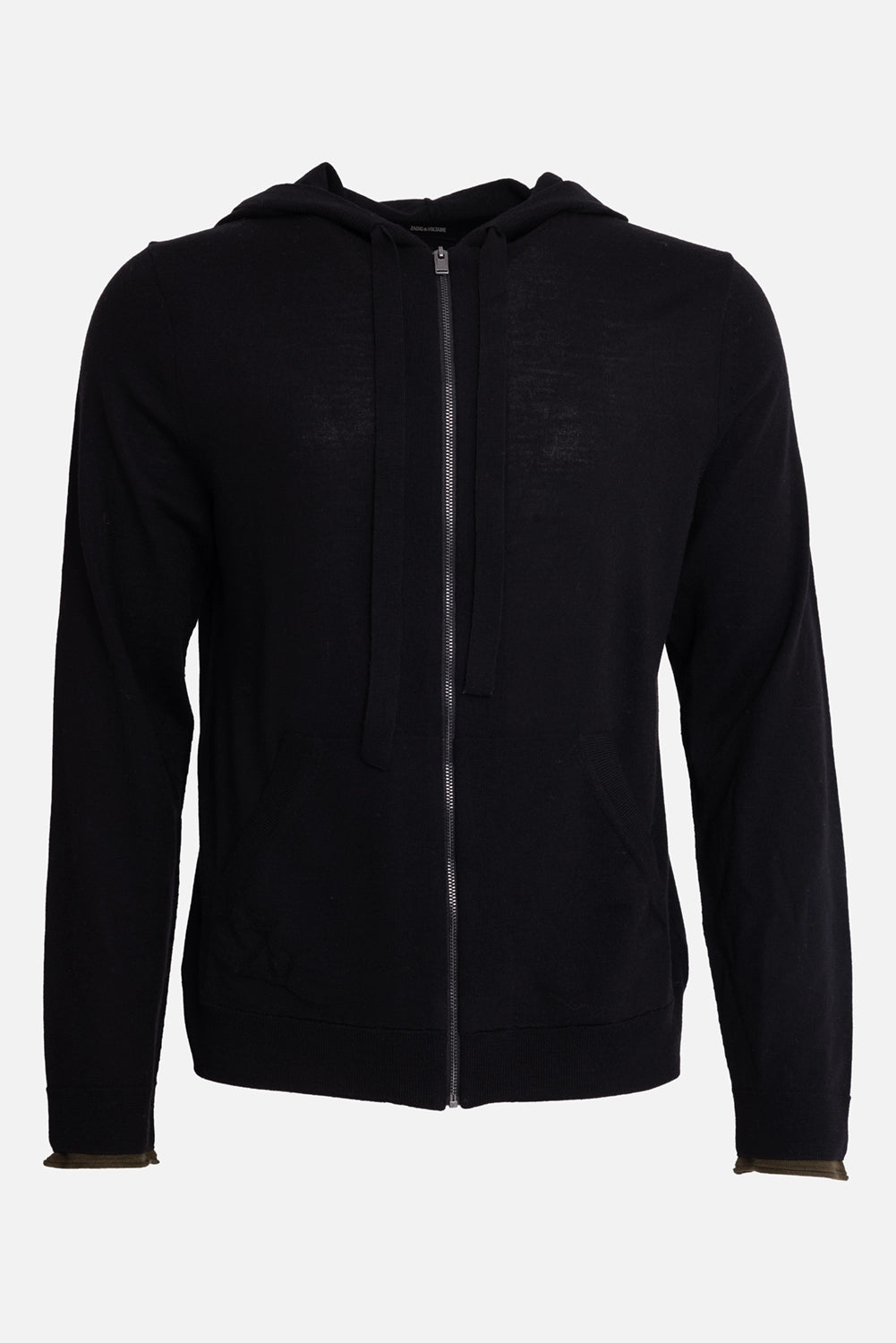 Zadig&Voltaire men's merino zip hoodie in black, front view, drawstring hood and silver front zip