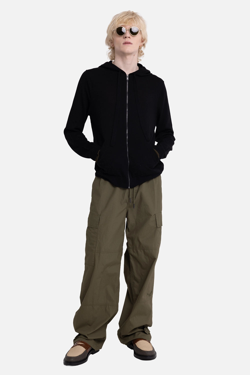 Zadig&Voltaire men's merino zip hoodie in black, on-model full-length, pouch pockets and silver zip